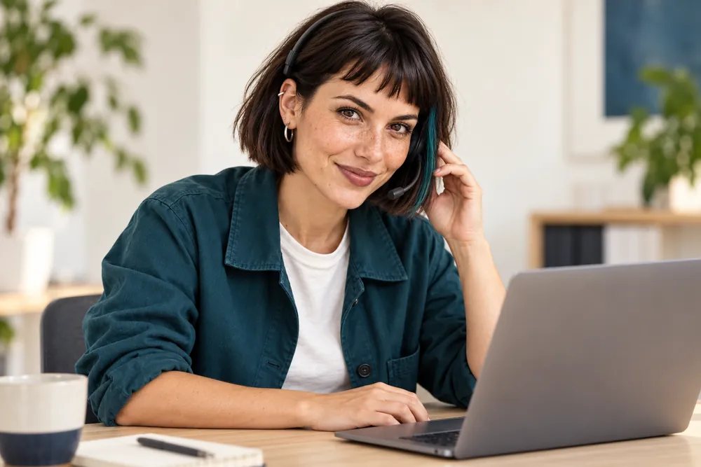 Tomika Feldmann mit Headset und Laptop – KI-Avatar für den Kundenkontakt