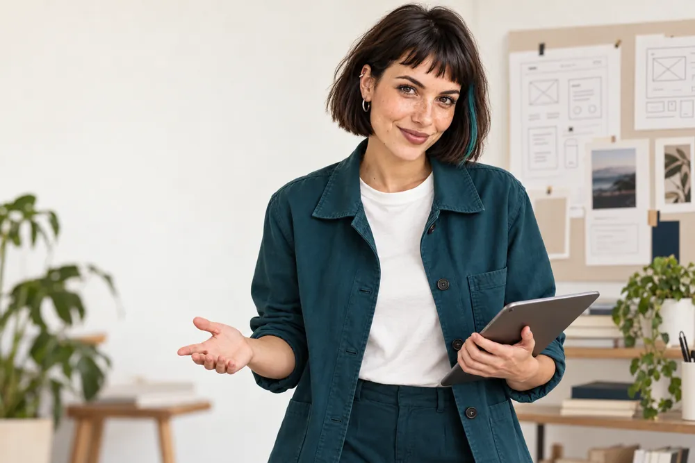 Tomika Feldmann mit Tablet bei der Projektplanung – KI-Avatar