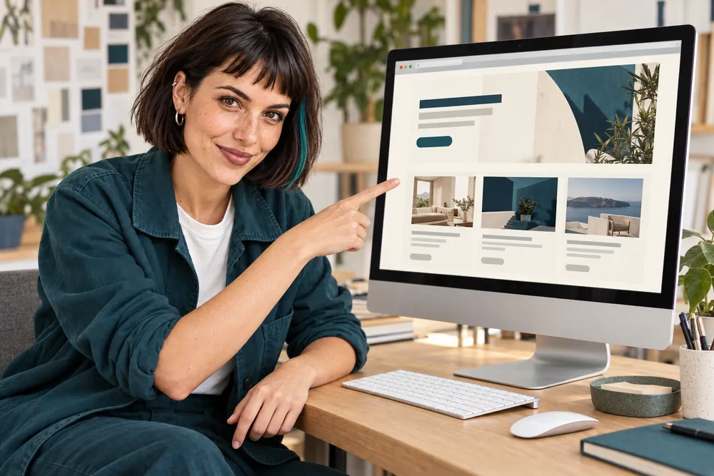 Tomika Feldmann zeigt einen Website-Entwurf am Bildschirm – KI-Avatar