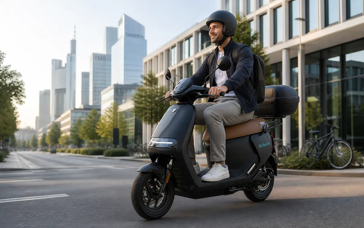 KI-generiertes Symbolbild: Fahrer auf einem 50er-Roller mit Topcase